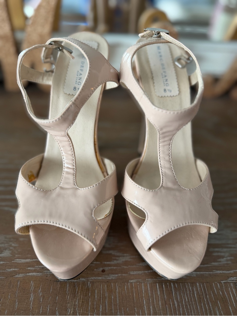 Patent Nude T-Strap Platform Heels with Ankle Buckle